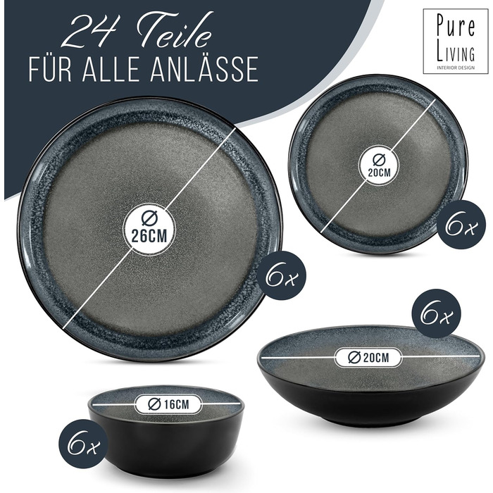 Набір посуду з керамограніту на 6 персон, 24 предмети, чорний/сірий Ibiza Pure Living
