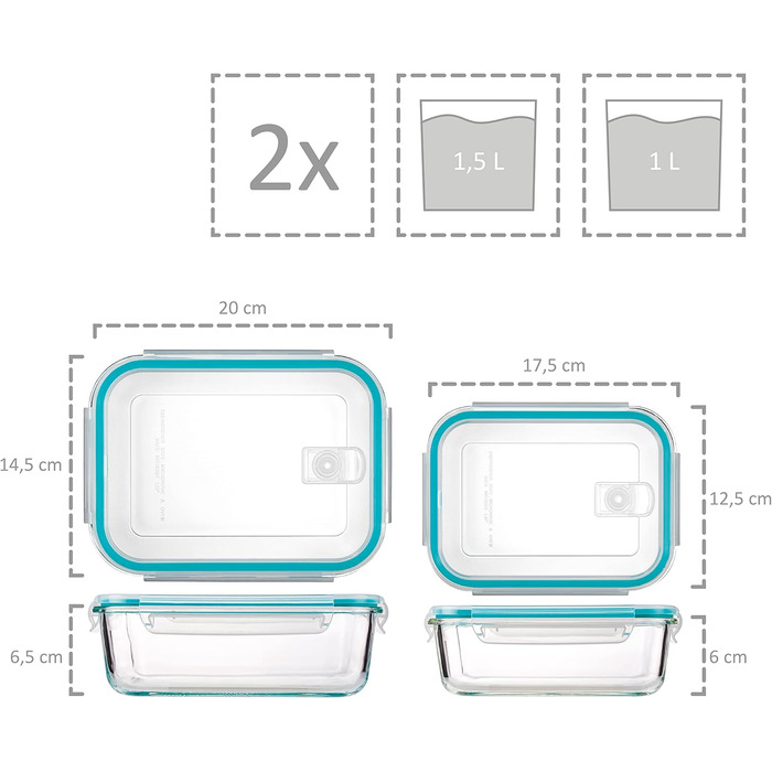 ПЕВЕЦ Ящик для хранения с крышкой 24 шт. (12 контейнеров и 12 крышек), Набор стеклянных банок для хранения, Ящики для приготовления пищи с морозильной камерой, Посуда для микроволновой печи без бисфенола А, Герметичные банки для хранения бирюзового цвета