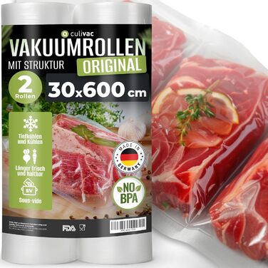 Рулони плівки вакуумні рулони оригінальні для вакуумного пакувальника вакуумний пакувальник пристрій для зварювання плівки вакуумний рулон плівки без BPA вакуумний пакет вакуумні рулони плівковий пакет вакуумні рулони рулони (30x600 см), 2