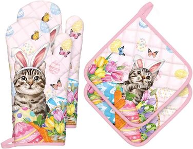 Різдвяний набір із 2 рукавичок для духовки та прихваток Arquiel, 100 бавовняні кулінарні рукавички, термостійкі кухонні рукавички для приготування їжі, різдвяні подарунки на кухню для жінок (Великдень 02, рукавички для духовки*2 прихватки*2)