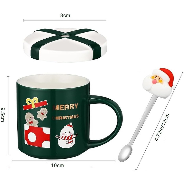 Різдвяний кухоль 400 мл з кришкою та ложкою, зелений з принтом сніговика SuperglockT