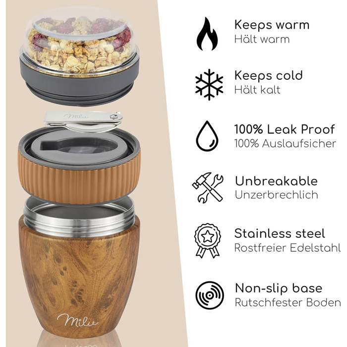 Стаканчик для пластівців Milu на винос 400 мл з назвою MsliMax для йогурту герметичний стаканчик з ложкою (дерев&39яний вигляд, нержавіюча сталь)
