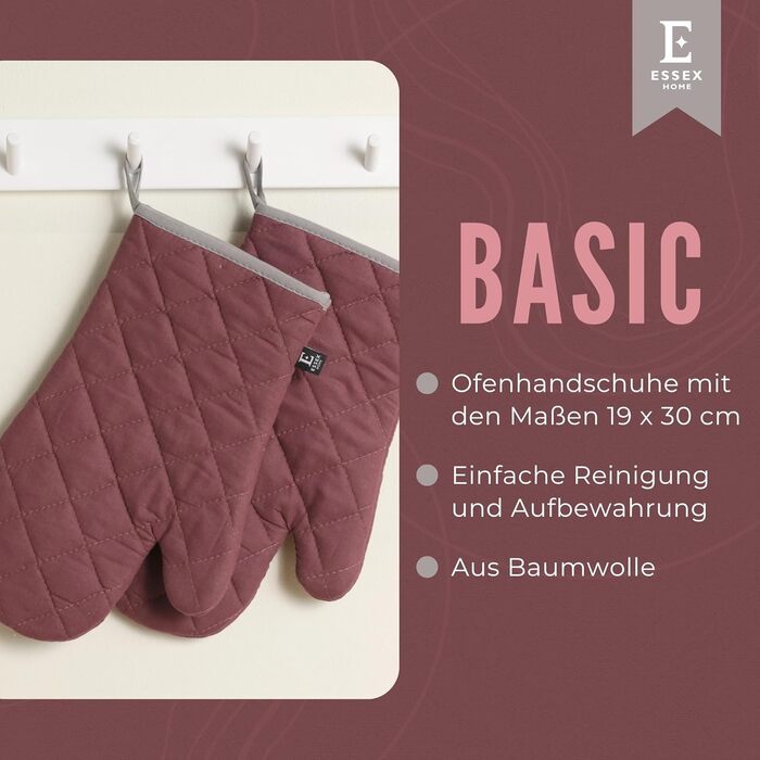 Рукавички для духовки 19 x 30 см, набір 2 предмети, бордовий Basic ESSEX