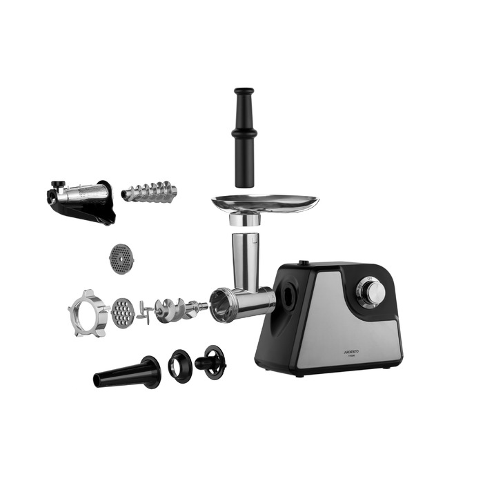 ARDESTO М'ясорубка, 1700Вт, продук.-1.6кг/хв, 2 решітки + для ковб., кеббе, насадка для томатів, пластик+метал, чорно-сріблястий