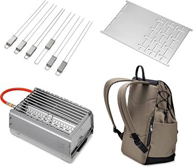 Мобільний газовий гриль Bruzz Willi BW1.1 на 50 мбар, велосипедний рюкзак з охолоджувальним відділенням, легке складання та розбирання, пальник 3,5 кВт, знімний піддон для жиру, включаючи мультиінструмент (BW1.1 з планкою та шампурами)