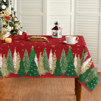 Модна різдвяна скатертина з червоними сніжинками, ялинками та зірками 140x110 см, зимова скатертина для захисту від плям, кухонна прикраса для вечірки 140 x 110 см червоного кольору