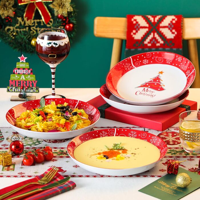 Серія 30-предметний порцеляновий різдвяний набір посуду на 6 осіб, різдвяний кавовий сервіз на 6 обідніх тарілок, 6 десертних тарілок, 6 супових тарілок, 6 кавових чашок та 6 блюдець (різдвяна ялинка, тарілка для пасти на 4 предмети)
