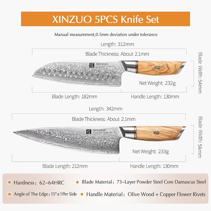 Набір кухонних ножів з дамаської сталі, 5 предметів XINZUO