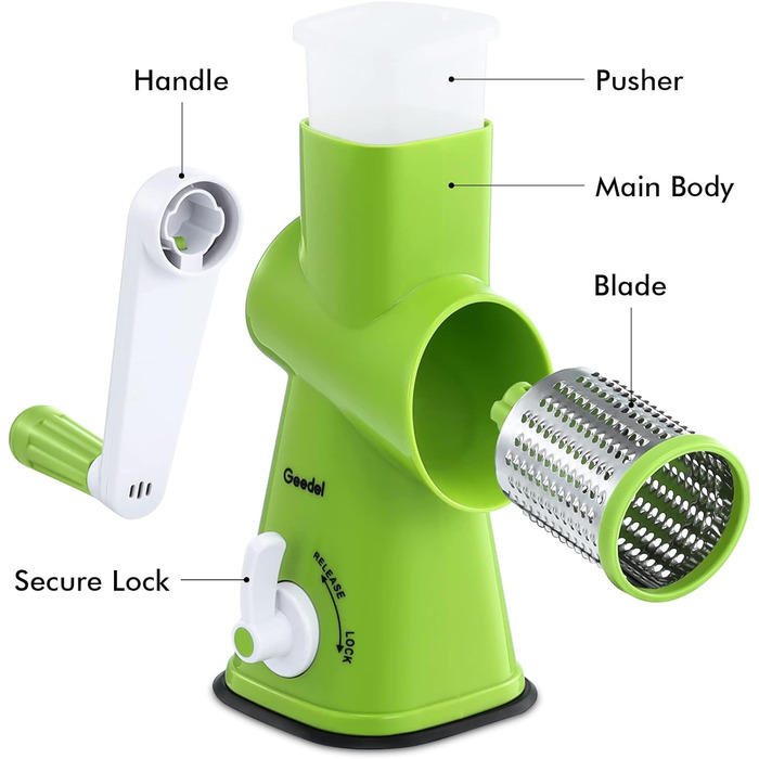 Терка для сиру, Ручна барабанна тертка з 3 знімними барабанними лезами, Овочерізка для швидкого різання, ідеально підходить як терка для картоплі, Терка для горіхів з рукояткою, Подрібнювач горіхів, Подрібнювач мигдалю (Зелений)
