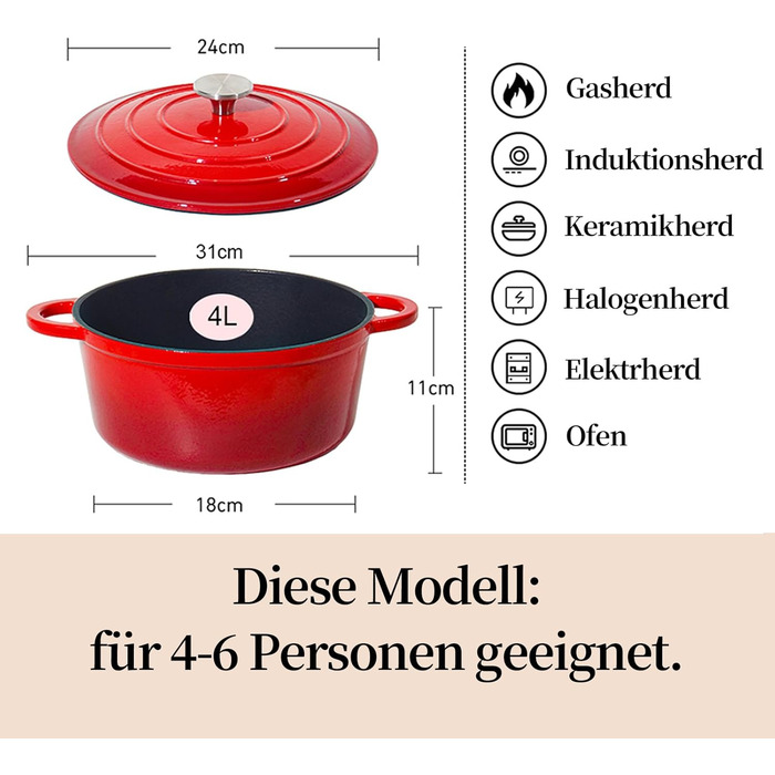 Чавунна форма для запікання 24 см, емальована з кришкою, включаючи 1 пару силіконових рукавиць Nilpferd