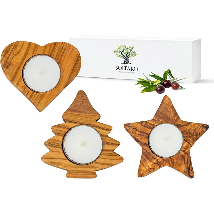 Високоякісні підсвічники в сільському стилі з ексклюзивного оливкового дерева Набір з 3 шт. - Ручна робота - Підсвічник до Дня Святого Валентина з дерева - Тримач для чайної свічки - Прикраса столу - Прикраса для дому (набір з 3 шт. )