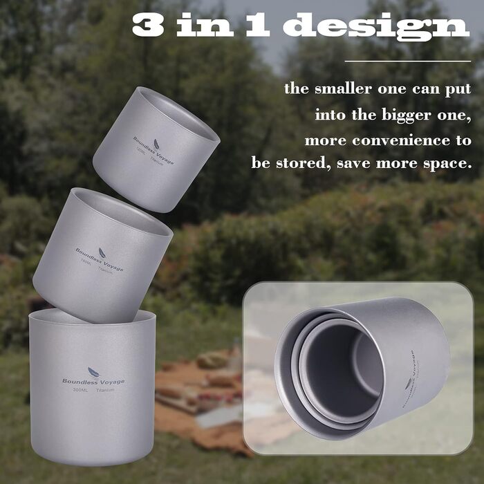 Титанова кружка iBasingo Складна дорожня кружка для кемпінгу на відкритому повітрі 4 в 1 120 мл 180 мл 300 мл 450 мл ізольована чашка з подвійними стінками Посуд для кавових напоїв Легкий посуд для щоденного використання в походах Ti3032D (180 мл Cup-ti30