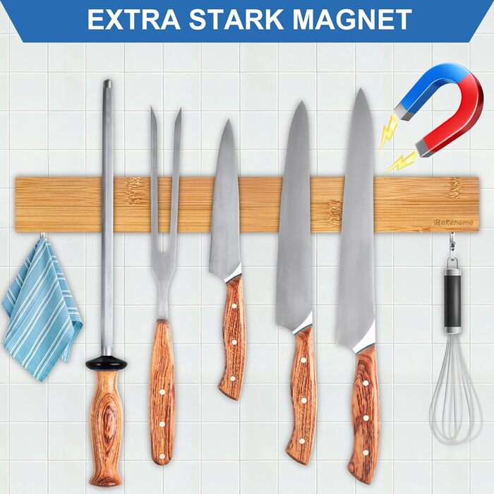Тримач ножа магнітний з 2 гачками, 40 см дерев'яний з надсильним магнітом (бамбук) Rekehome