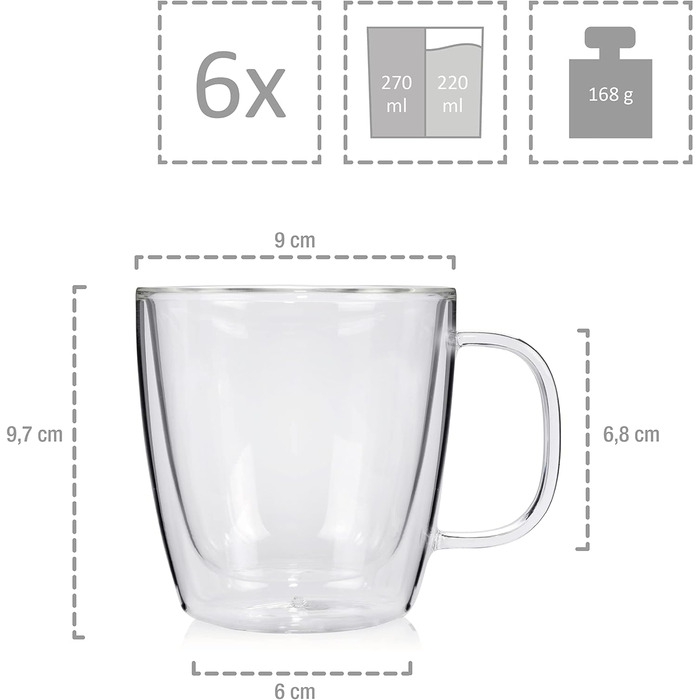 Співачка Келихи з подвійними стінками, набір склянок із 6 предметів, з подвійними стінками, термосклянки Кава 330 мл без ручки (чайні склянки)