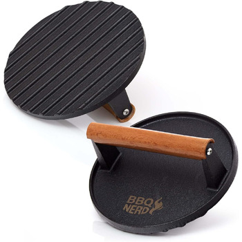 Чавунний прес для м'яса 18 см з дерев'яною ручкою, круглий BBQ Nerd