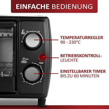 Міні-піч Ecosa 1000 Вт 10 літрів Включаючи деко та решітку для гриля Піч для піци 90-230C Таймер на 60 хвилин Складаний піддон для крихт Міні-піч Духовка Мала духовка