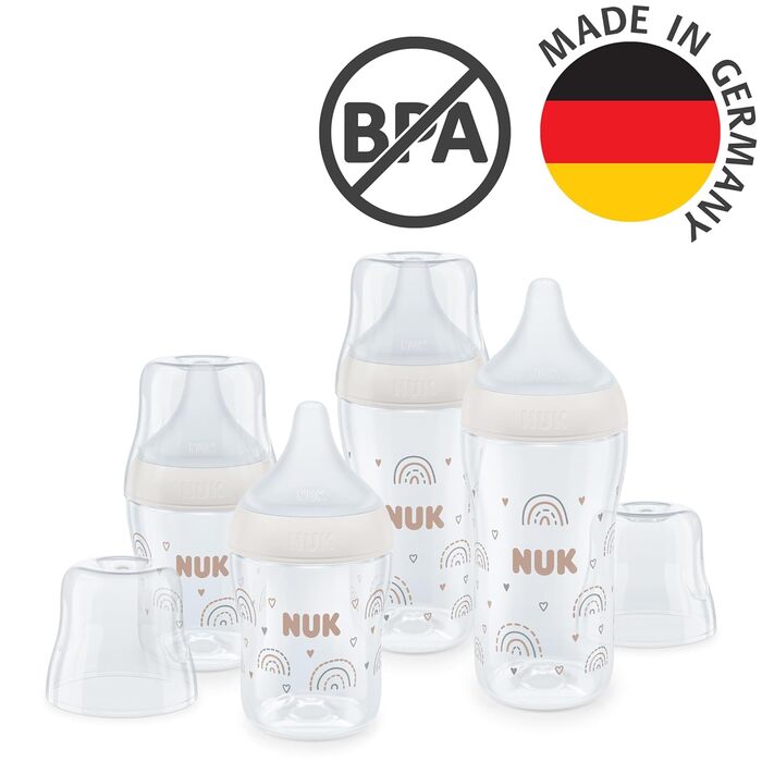 Набір дитячих пляшечок NUK Perfect Match Perfect Start Від 0 місяців Адаптується до дитини 4 дитячі пляшечки проти коліків, пустушка, щітка для пляшечок тощо Без BPA 9 шт. (нейтральні, 2 х 150 мл 2 х 260 мл дитячі пляшечки)