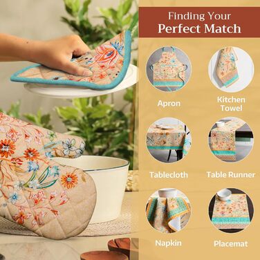 Рукавички для духовки Maison d&39 Hermine, Прихватки для каструль, 100 бавовна, термостійкі кухонні рукавички, рукавички для духовки (19 x 33 см) та прихватки для каструль (20 x 20 см) для приготування їжі, Morzine - Рукавички для духовки (19 x 33 см) та 