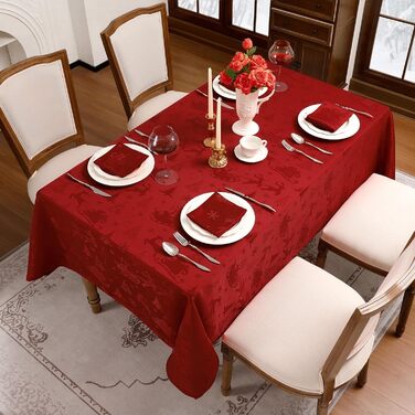 Маленька різдвяна скатертина Romanstile, яку можна прати та вона водовідштовхувальна, жакардові олені та ялинка, квадратна скатертина для журнального столика, святкова, подарункова (140 x 180 см, червона)