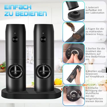 Млин для солі та перцю електричний із зарядною базою, 2 предмети, чорний MILFECH
