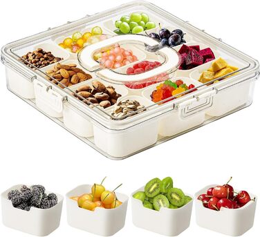 Сервірувальна тарілка у формі миски для закусок, контейнер для подачі солодощів та горіхів із пластику з кришкою з 8 відділеннями, тарілка для закусок, фруктова тарілка, ящик для зберігання десертів, спецій (12 відділень)