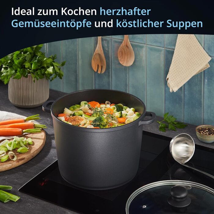 Каструля 10 л алюмінієва зі скляною кришкою 28 см, чорна KHG