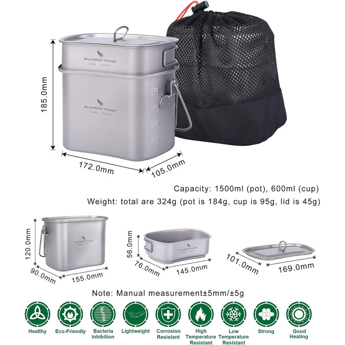 Титановий посуд для кемпінгу 600 та 1500 мл iBasingo