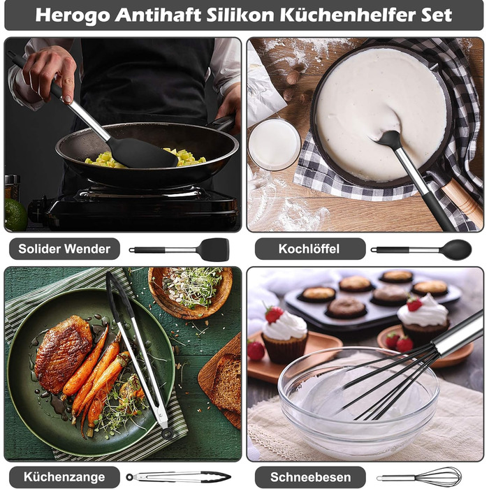 Набор кухонных принадлежностей для приготовления пищи из 9 предметов, черный Herogo