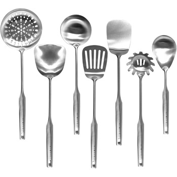 Набір кухонного начиння KIMIJO з 7 предметів з нержавіючої сталі - Високоякісне кухонне начиння для воку та кухні - Ложка для сервірування, шумівка, лопатка, ложка для перевертання риби, ополоник, ложка для спагетті та ложка для перевертання воку
