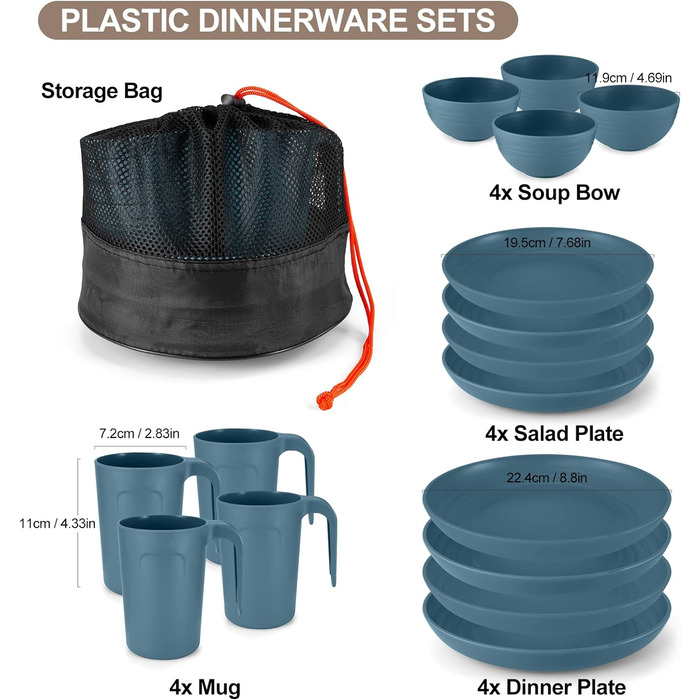 Набор пластиковой посуды для кемпинга на 4 персоны, 17 предметов, синий Odoland