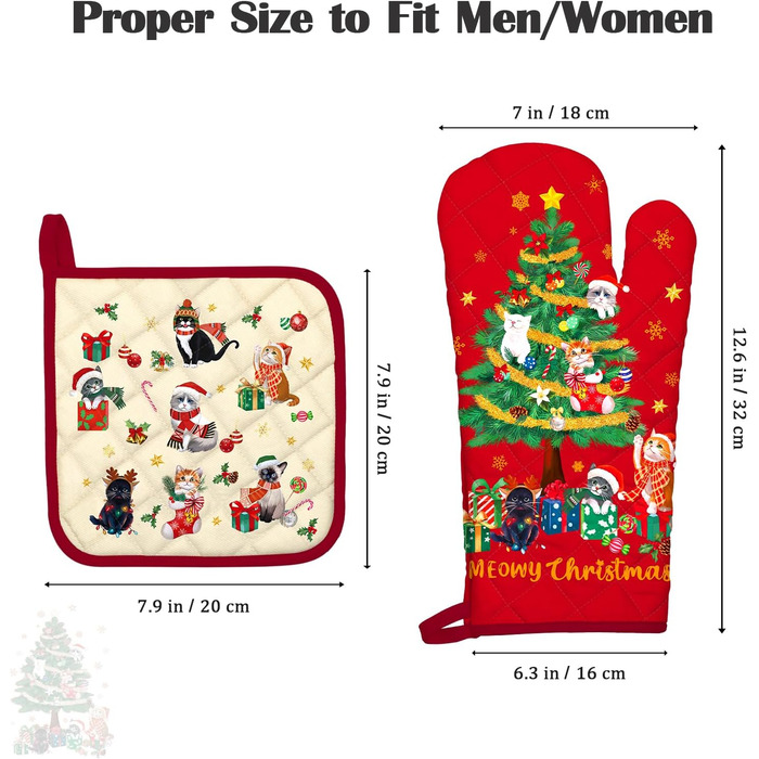 Набір з 2 різдвяних рукавичок для духовки та прихваток Arquiel, 100 бавовняні кулінарні рукавички, термостійкі кухонні рукавички для приготування їжі, різдвяний декор для кухні, подарунки для жінок (різдвяна ялинка 02, рукавички для духовки*2 прихватки*2)