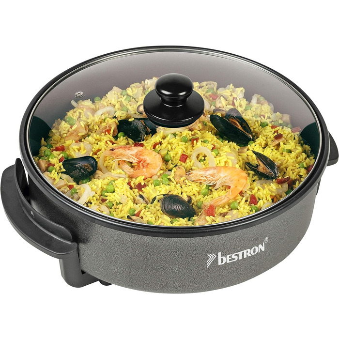 Электрическая сковорода для вечеринок Bestron, Многофункциональная сковорода XXL Ø40см со стеклянной крышкой, с антипригарным покрытием, 1 500 Вт, AHP1800Z, Цвет Черный (Ø 32 см)