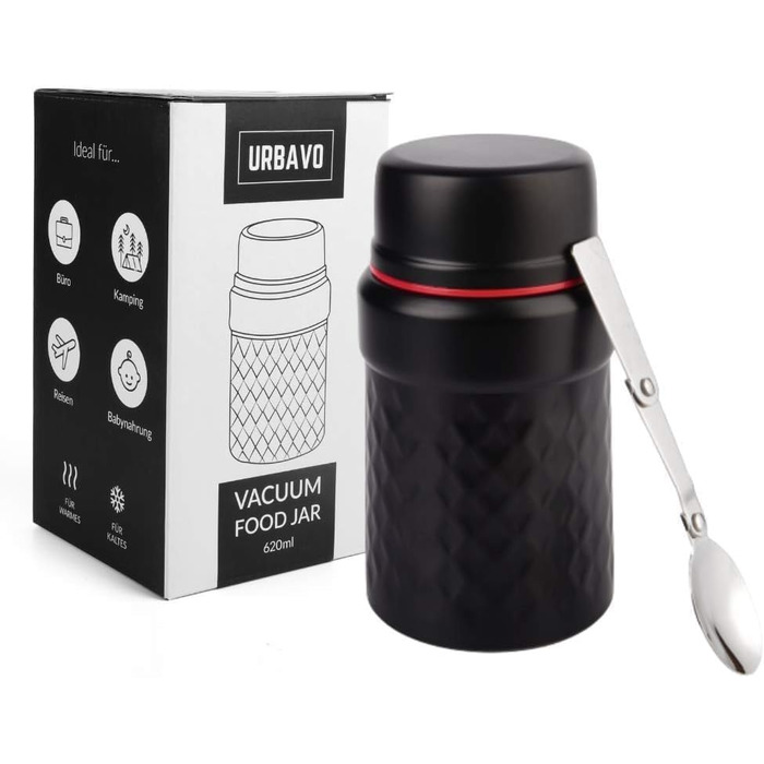 Мл термоконтейнер для їжі, ізольований харчовий контейнер з нержавіючої сталі, без бісфенолу А, герметичний з ложкою, ідеально підходить для супів, закусок і в дорозі (500 мл білий/чорний) (620 мл червоний/чорний), 2i 500