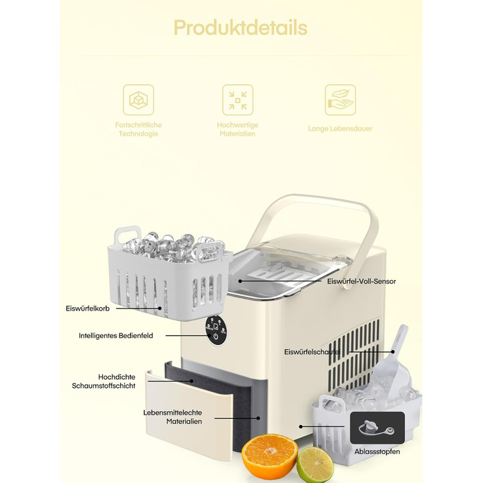 Льодогенератор FOHERE 14 кг 24 години, 8 кубиків льоду за 6 хвилин, 2 розміри кубиків льоду, самоочисний льодогенератор з ручкою, льодосборником та кошиком, льодогенератор для вечірки, офісу, автофургона (білий)