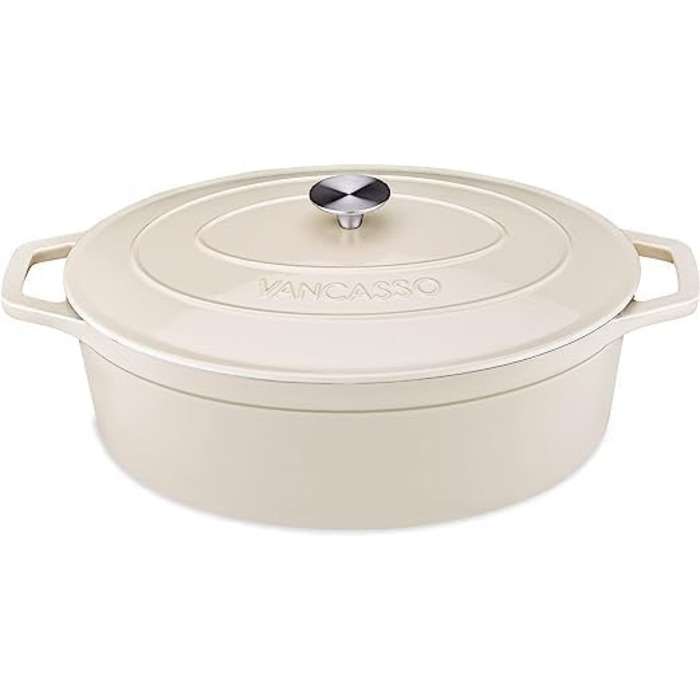 Чавунна сковорода Vancasso, чавунна каструля з кришкою, емальоване покриття об&39ємом 5 л, індукційна запіканка, каструля, чавунна сковорода для всіх типів плит, підходить для індукції, кругла, кремово-біла, 5 л біла (білий, 37 см)