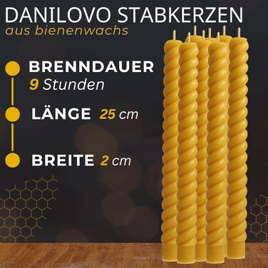 Свічки з бджолиного воску Danilovo Taper Candles, шт. натуральні, екологічно чисті, довгогорючі свічки з бджолиного воску для будь-якої нагоди та підсвічники свічки з ароматом меду та чистого бджолиного воску (8,25 см, закручені)