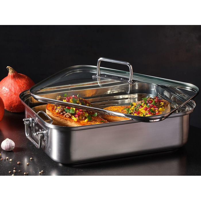 Форма для запікання RSLE EXPERTISO, універсальна ємність для приготування їжі з нержавіючої сталі 18/10, скляна кришка, внутрішня вага, підходить для індукційних плит, можна мити в посудомийній машині, срібляста (38 x 28 см, прямокутна форма для запікання