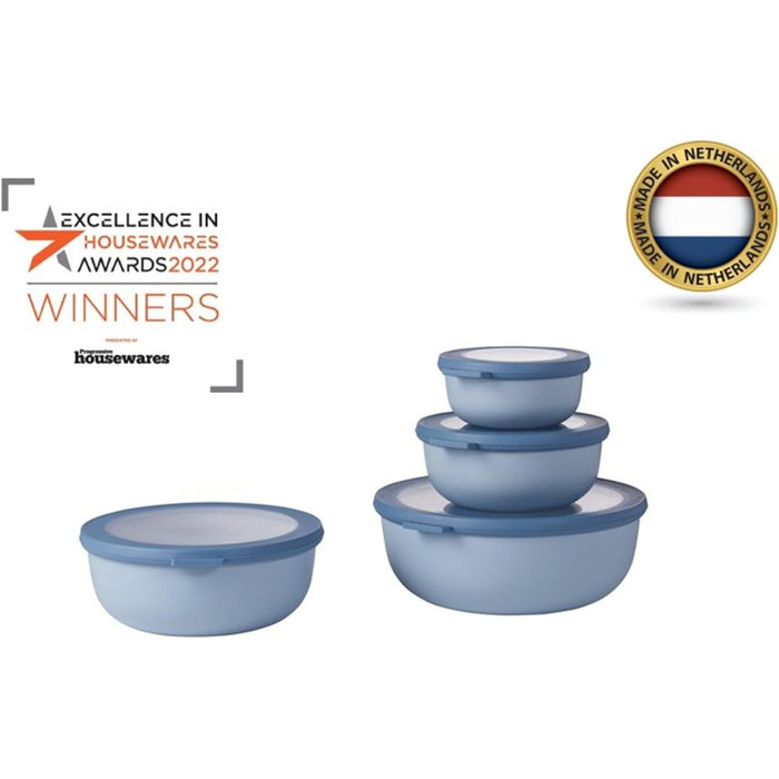 Набор из 3 предметов - Банки для хранения с крышкой - Подходит в качестве ящика для хранения, холодильника, морозильной камеры и посуды для микроволновой печи - 350 мл, 750 мл и 1250 мл - (Old Nordic Blue, маленький)