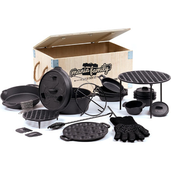 Набір голландської печі барбекю-Торо в дерев'яній коробці, чавун, попередньо приправлений, набір гриля з голландською духовкою, дерев'яна коробка, сковорода, каструля, сковорода, підставка, підйомник кришки (19 предметів)