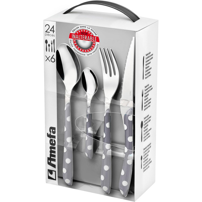 Столові прибори Amefa ECLAT, столові прибори на 4 персони, нержавіюча сталь з високоякісною пластиковою ручкою, ваги в точку, 16 шт. (Mnagre 32 couverts pour 8 personnes, сірий)