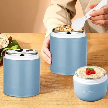 Стаканчик для пластівців Chedin з кришкою, стаканчик для каші з нержавіючої сталі 730 мл, герметичний стаканчик для йогурту з ложкою та кришкою, двошарові герметичні банки Мейсон, ідеально підходять для роботи (сині)