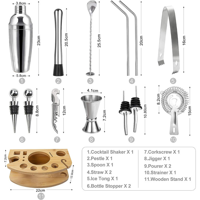 Коктейльний набір, барний набір шейкерів для коктейлів з нержавіючої сталі із 12 предметів з дерев'яною підставкою, шейкер 750 мл  (13 шт. ) AYAOQIANG
