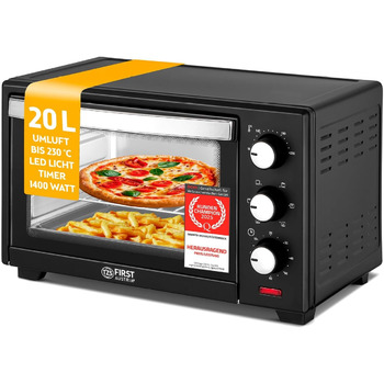 Міні-духівка 20 л 1380 Вт - Міні-духівка з плавним контролем температури до 230C - Міні-духівка з таймером на 60 хвилин, 3 рівнями висоти полиць, деком та решіткою для гриля - Для невеликих кухонь та кемпінгу