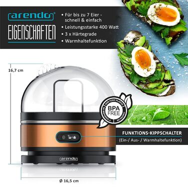 Яйцеварка Arendo Sevencook 400 Вт - Конструкция из нержавеющей стали - 1-7 яиц - Яйцеварка - Переключатель ВКЛ/ВЫКЛ - 3 степени твердости на выбор - Функция поддержания тепла - Звуковой сигнал - Без бисфенола А холодный серый (C Медь)