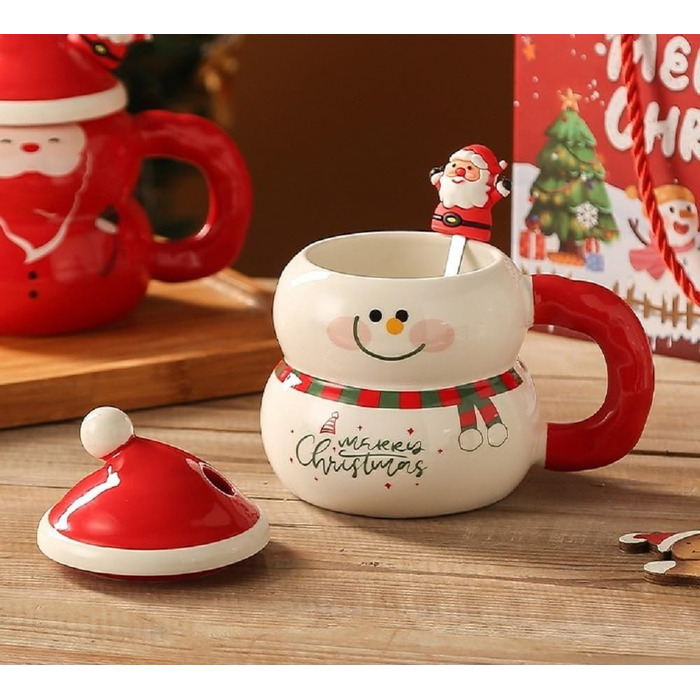 Різдвяний кухоль 400 мл з кришкою та ложкою, Сніговик в червоній шапці VollfitYYu