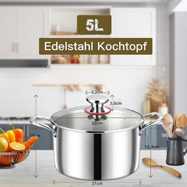 Каструля, Onader з тришарової нержавіючої сталі для індукції, каструля об&39ємом 3,3 л, каструля для пасти, каструля для супу зі скляною кришкою для всіх типів плит, здорова та придатна для миття в посудомийній машині - (1,22 см)