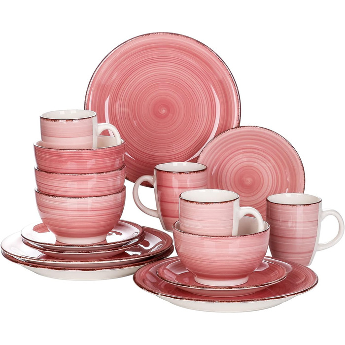 Комбінований набір фаянсу, обідній сервіз з ручним розписом vancasso Bella, стиль Марокко, вінтажний зовнішній вигляд, ручний розпис, на 12 осіб (комбінований набір з 16 предметів, Rosa-ii)