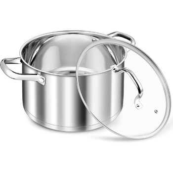 Велика каструля TEAMFAR, каструля з нержавіючої сталі, індукційна плита, скляна кришка, 3-шарове дно для всіх типів плит, каструля для пасти 26 см, каструля для м&39яса, без покриття та нетоксична, можна мити в посудомийній машині (5,7 літра)