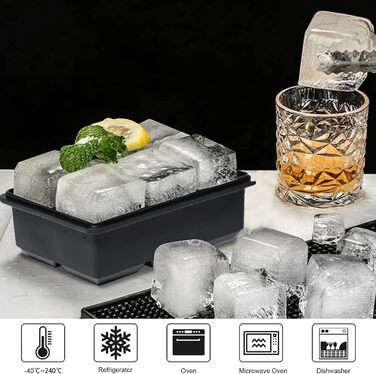 Форма для льоду LessMo XXL, 3 шт., силіконова форма для льоду на 18 отворів з кришкою, великі кубики льоду 4,8 см, штабельовані та придатні для миття в посудомийній машині, без BPA для пива, коктейлів, віскі (2 шт. чорного кольору)