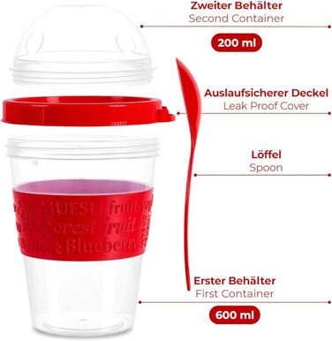 Стаканчик для пластівців TYA I з кришкою, набір з 4 стаканчиків для йогурту об&39ємом 600 мл з ложкою для сніданку, 100 БЕЗ BPA, контейнер для фруктів для вівсянки на ніч, міні-миска для пластівців, коробка для приготування їжі